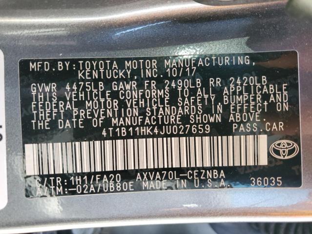 4T1B11HK4JU027659 - 2018 TOYOTA CAMRY L GRAY photo 12