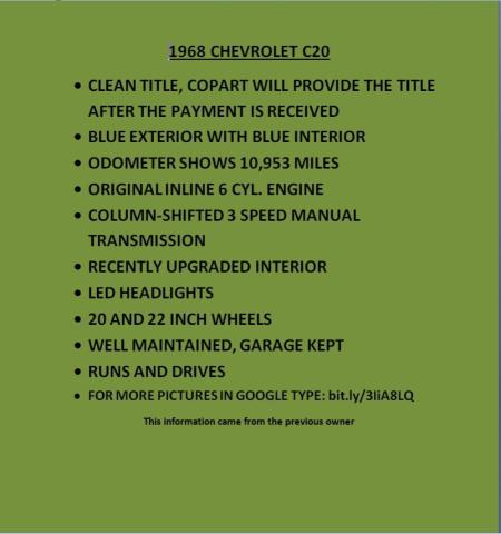 CS248T141943 - 1968 CHEVROLET C20 BLUE photo 12