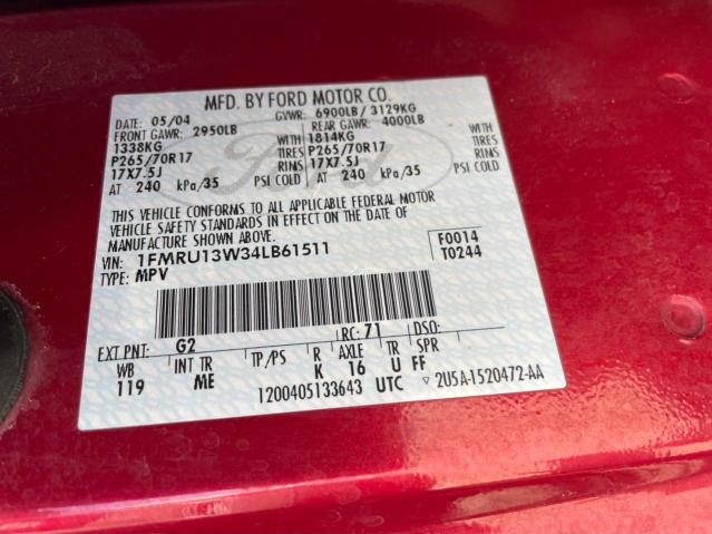 1FMRU13W34LB61511 - 2004 FORD EXPEDITION XLS RED photo 10
