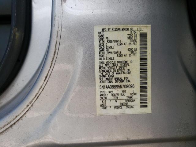 5N1AA08B95N708096 - 2005 NISSAN ARMADA SE SILVER photo 13