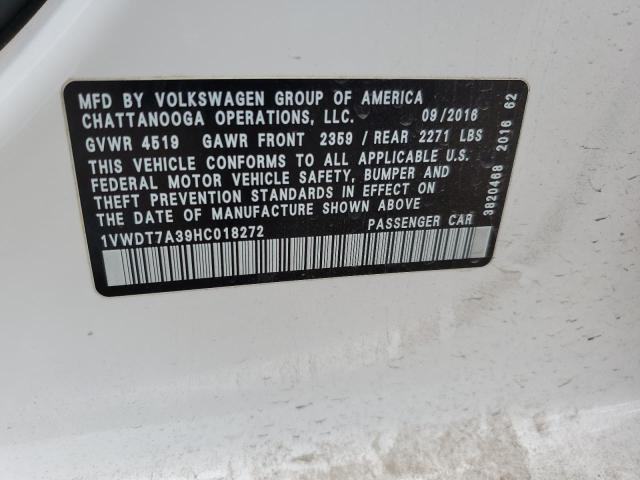 1VWDT7A39HC018272 - 2017 VOLKSWAGEN PASSAT R-LINE Սպիտակ լուսանկար 12