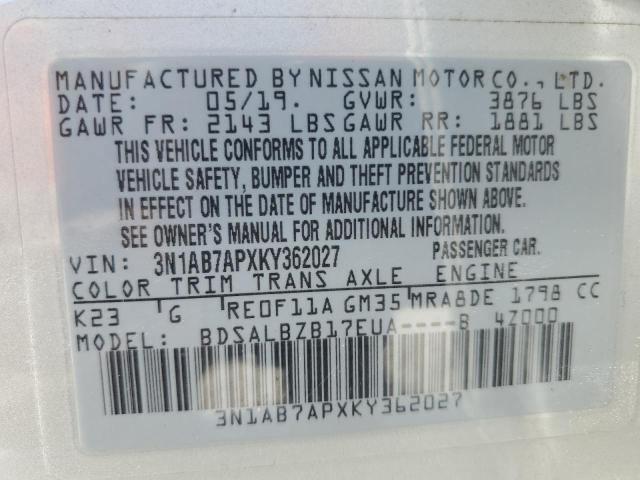 3N1AB7APXKY362027 - 2019 NISSAN SENTRA S SILVER photo 12