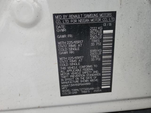 KNMAT2MV6GP644889 - 2016 NISSAN ROGUE S WHITE photo 12