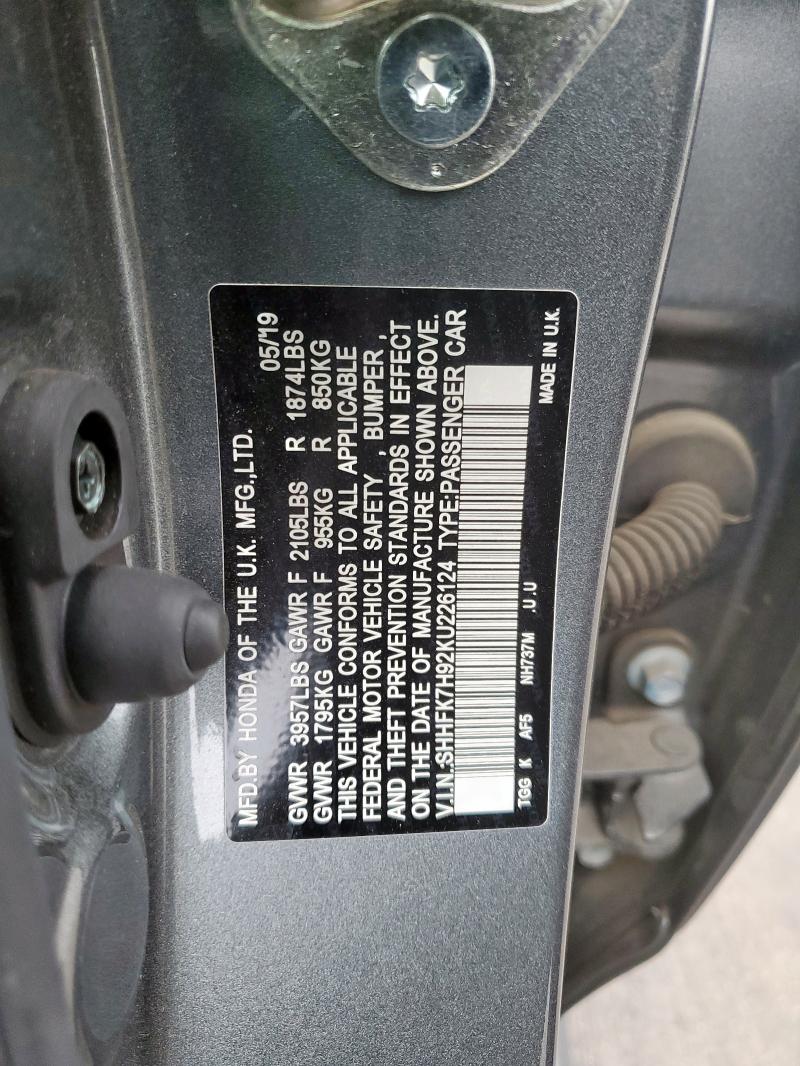 SHHFK7H92KU226124 - 2019 HONDA CIVIC SPORT TOURING GRAY photo 12