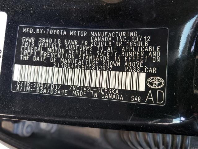 2T1BU4EE6CC813927 - 2012 TOYOTA COROLLA BASE BLACK photo 13