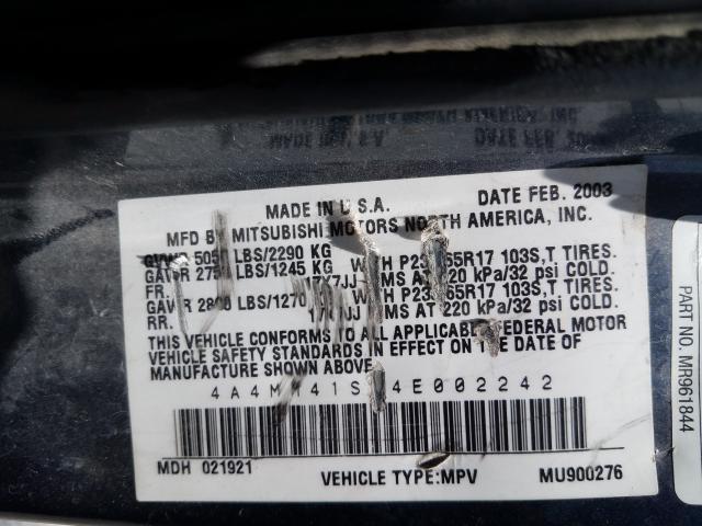 4A4MM41S14E002242 - 2004 MITSUBISHI ENDEAVOR LIMITED BLUE photo 10