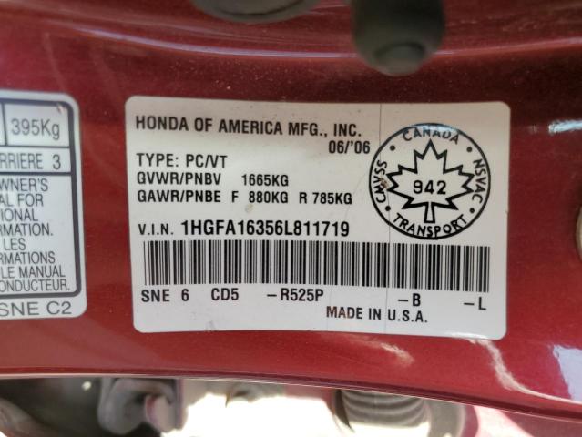 1HGFA16356L811719 - 2006 HONDA CIVIC DX VP Bordo foto 12