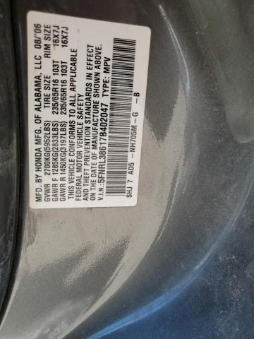 5FNRL38617B402047 - 2007 HONDA ODYSSEY EXL GRAY photo 13