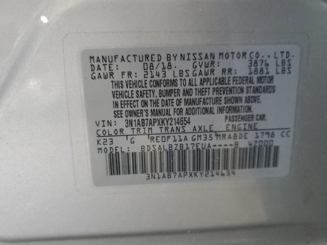 3N1AB7APXKY214654 - 2019 NISSAN SENTRA S SILVER photo 13