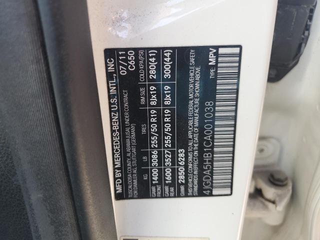 4JGDA5HB1CA001038 - 2012 MERCEDES-BENZ ML 350 4MATIC WHITE photo 13