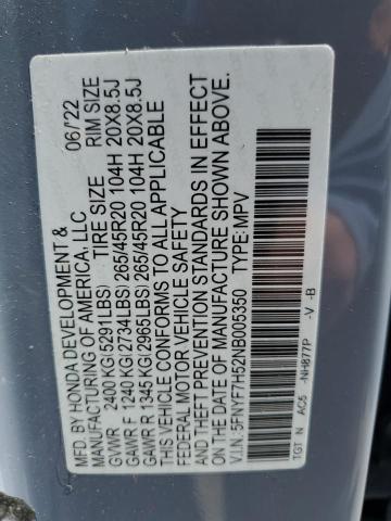 5FNYF7H52NB005350 - 2022 HONDA PASSPORT EXL Gümüş foto 14