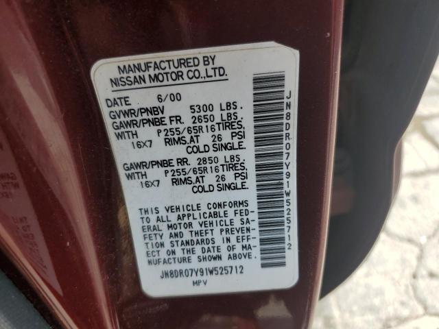 JN8DR07Y91W525712 - 2001 NISSAN PATHFINDER LE MAROON photo 12
