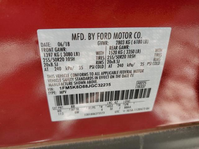 1FM5K8D88JGC32235 - 2018 FORD EXPLORER XLT MAROON photo 10