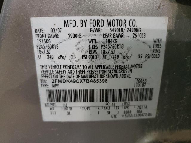 2FMDK49CX7BA85398 - 2007 FORD EDGE SEL PLUS GRAY photo 10