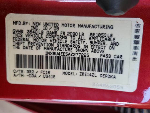 1NXBU4EE5AZ277225 - 2010 TOYOTA COROLLA BASE წითელი ფოტო 12