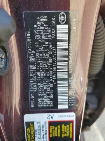 4T1BK3DB1BU378237 - 2011 TOYOTA AVALON BASE 勃艮第红 照片 12