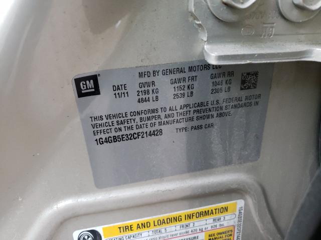 1G4GB5E32CF214428 - 2012 BUICK LACROSSE P CONVENIENCE TAN photo 10