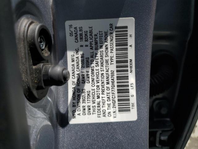 2HGFC1F77GH647692 - 2016 HONDA CIVIC EXL 银色 照片 12