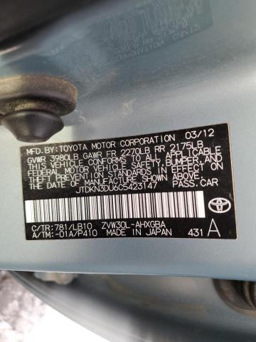 JTDKN3DU6C5423147 - 2012 TOYOTA PRIUS TURQUOISE photo 12