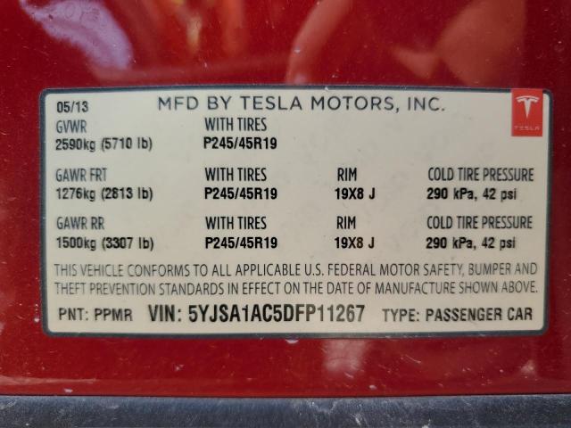5YJSA1AC5DFP11267 - 2013 TESLA MODEL S წითელი ფოტო 12