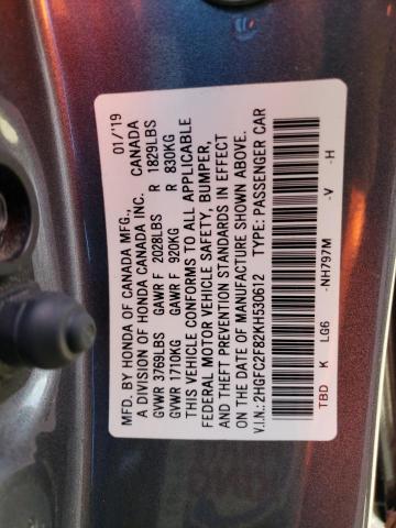 2HGFC2F82KH530612 - 2019 HONDA CIVIC SPORT 灰色 照片 13