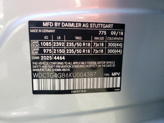 WDCTG4GB6KU004387 - 2019 MERCEDES-BENZ GLA 250 4MATIC SILVER photo 13