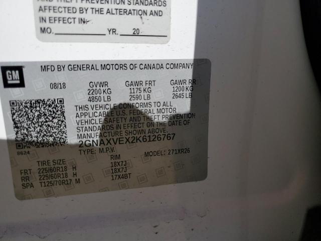 2GNAXVEX2K6126767 - 2019 CHEVROLET EQUINOX LT Ağ foto 14