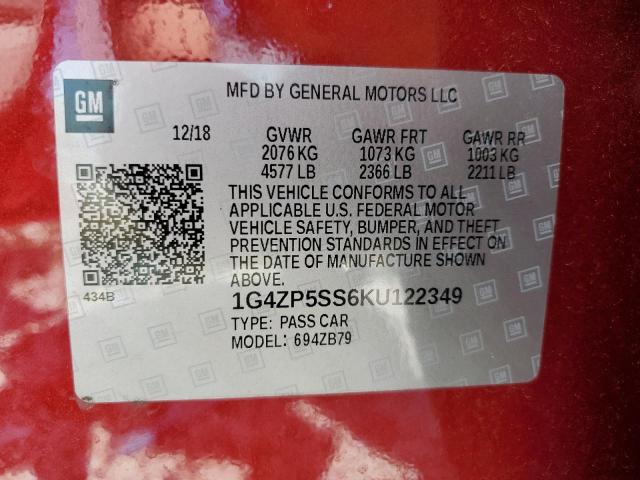 1G4ZP5SS6KU122349 - 2019 BUICK LACROSSE ESSENCE RED photo 12