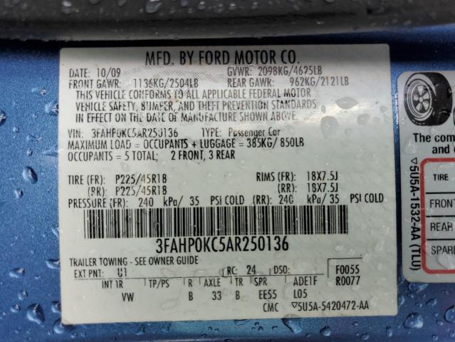 3FAHP0KC5AR250136 - 2010 FORD FUSION SPORT BLUE photo 12