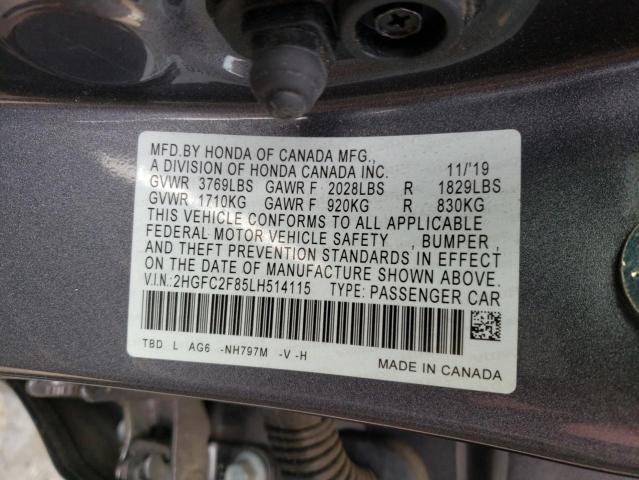 2HGFC2F85LH514115 - 2020 HONDA CIVIC SPORT 灰色 照片 12