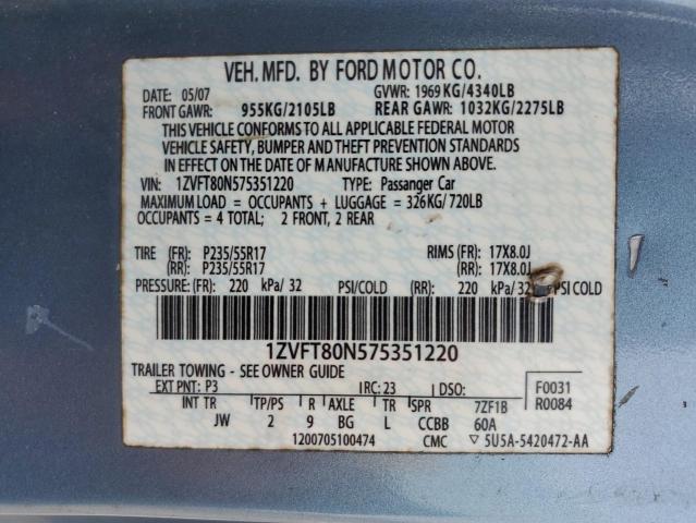 1ZVFT80N575351220 - 2007 FORD MUSTANG BLUE photo 12