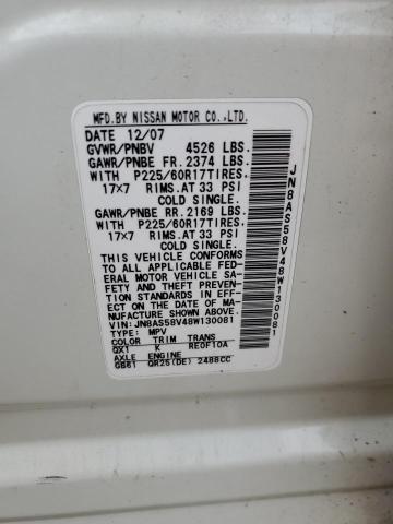 JN8AS58V48W130081 - 2008 NISSAN ROGUE S WHITE photo 12