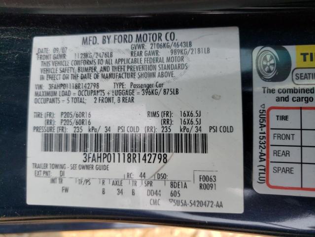 3FAHP01118R142798 - 2008 FORD FUSION SE BLACK photo 12