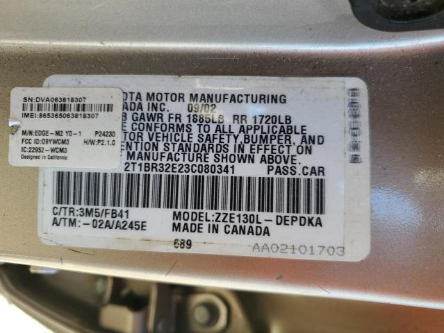 2T1BR32E23C080341 - 2003 TOYOTA COROLLA CE Qəhvəyi foto 12