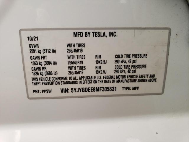 5YJYGDEE8MF305831 - 2021 TESLA MODEL Y أبيض صورة 12