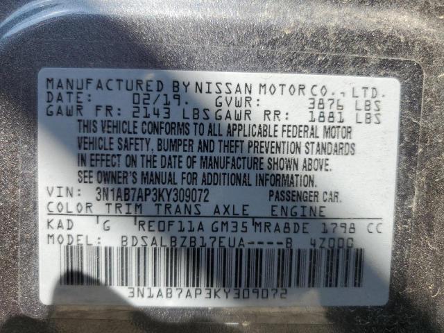 3N1AB7AP3KY309072 - 2019 NISSAN SENTRA S GRAY photo 12