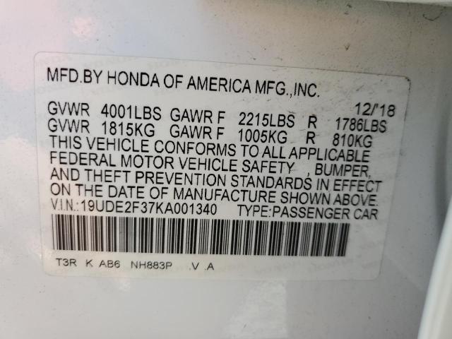 19UDE2F37KA001340 - 2019 ACURA ILX WHITE photo 12