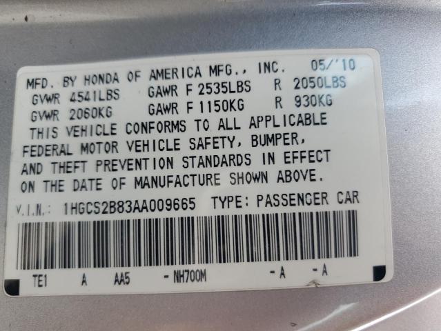 1HGCS2B83AA009665 - 2010 HONDA ACCORD EXL SILVER photo 12