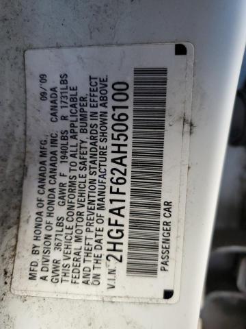 2HGFA1F62AH506100 - 2010 HONDA CIVIC LX-S WHITE photo 13