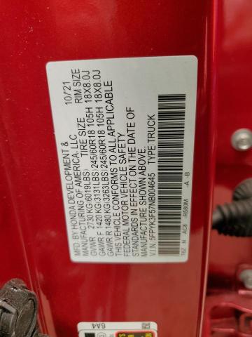 5FPYK3F57NB004645 - 2022 HONDA RIDGELINE RTL RED photo 12