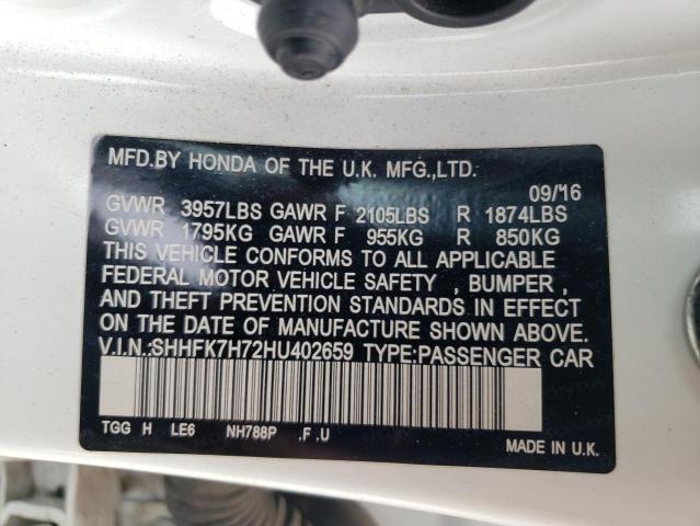 SHHFK7H72HU402659 - 2017 HONDA CIVIC EXL Ağ foto 12