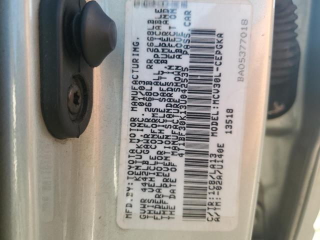 4T1BF30K13U042535 - 2003 TOYOTA CAMRY LE SILVER photo 12