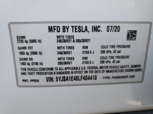 5YJSA1E48LF404418 - 2020 TESLA MODEL S Սպիտակ լուսանկար 13