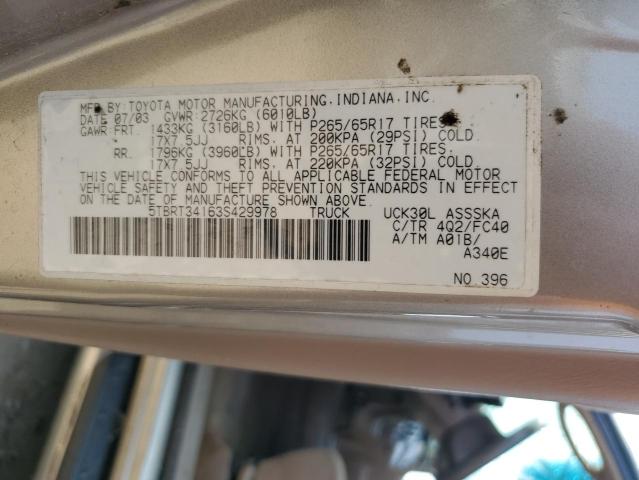 5TBRT34163S429978 - 2003 TOYOTA TUNDRA ACCESS CAB SR5 BEIGE photo 12