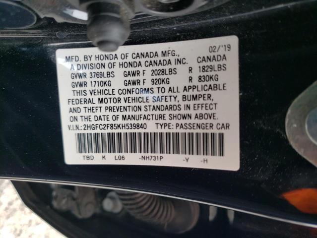 2HGFC2F85KH539840 - 2019 HONDA CIVIC SPORT 黑色 照片 12