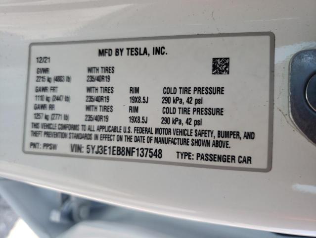 5YJ3E1EB8NF137548 - 2022 TESLA MODEL 3 Ağ foto 12