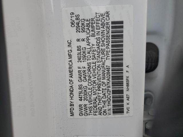 1HGCV2F97KA028487 - 2019 HONDA ACCORD TOURING Beyaz fotoğraf 12