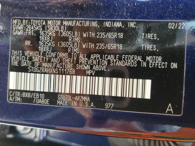 5TDGZRAHXNS111768 - 2022 TOYOTA HIGHLANDER XLE Mavi foto 13