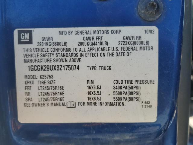 1GCGK29UX3Z175074 - 2003 CHEVROLET SILVERADO K2500 BLUE photo 12