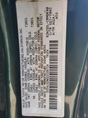 5TEVL52N02Z106714 - 2002 TOYOTA TACOMA XTRACAB GREEN photo 12